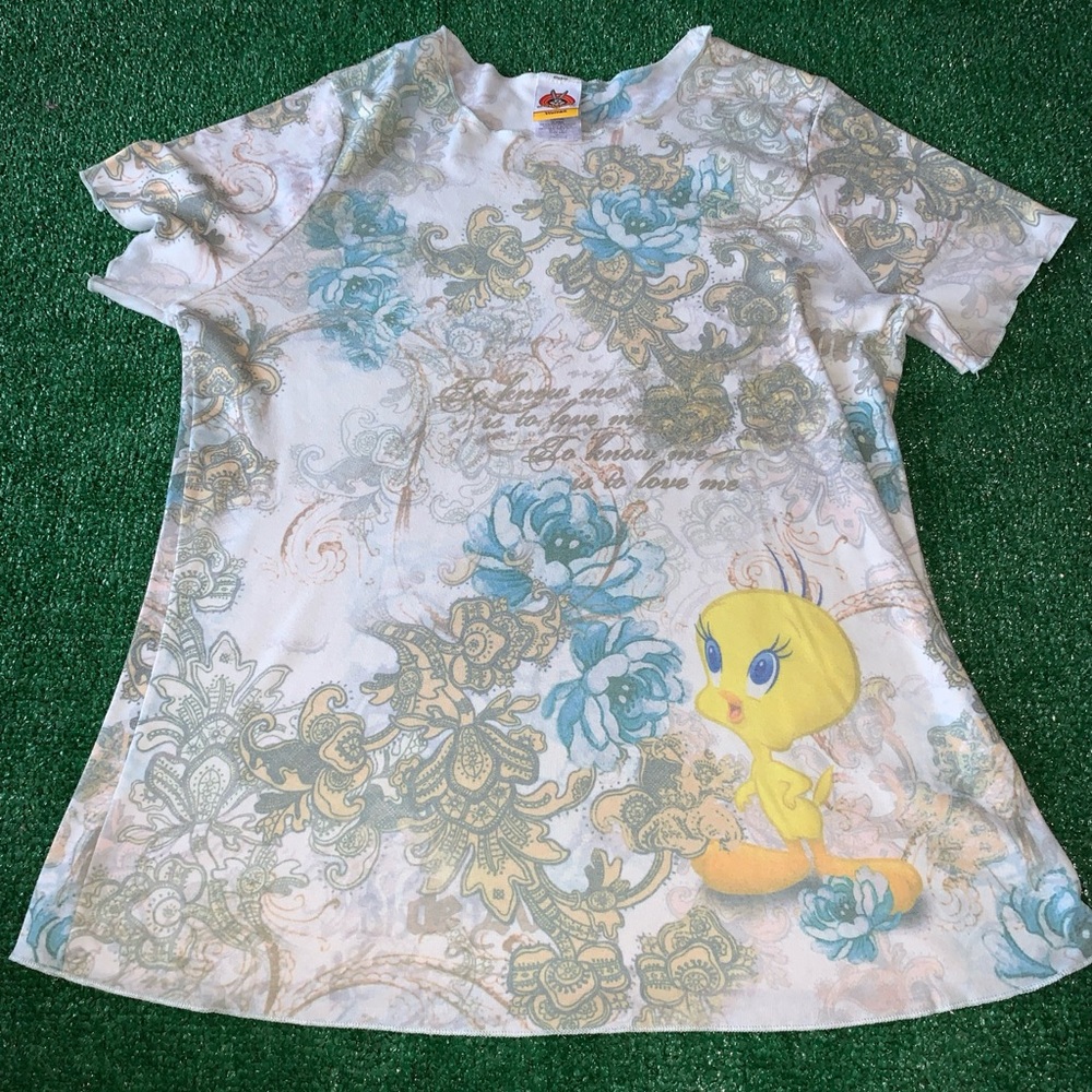 Y2K Looney Tunes Shirt Tweety Bird Women's Top Size 1X Short Sleeve Floral